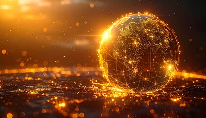 A stylized glowing golden globe sits on a shimmering surface its continents defined by points of light and network lines