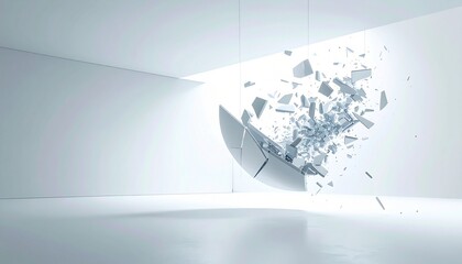 A silver sphere shatters into fragments while suspended by thin wires in a minimalist white room