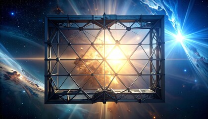 A square metal truss floats in space between a planet and a bright star with a golden nebula visible through its frame