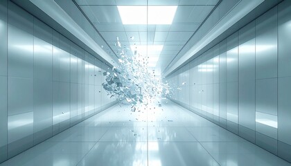 A sterile futuristic corridor with reflective surfaces A crystalline object explodes in the center suspended in midair