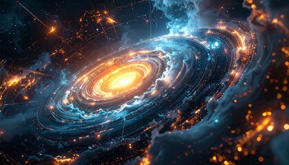 A stylized spiral galaxy with a brilliant orange core and swirling arms of blue and gold light surrounded by blue clouds in deep space