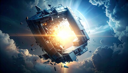A square metallic structure explodes in a cloudy sky A bright light shines from its center shattering it into pieces