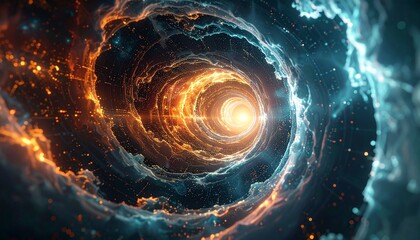 A swirling vortex of orange and blue particulate clouds spirals towards a bright central light source creating a tunnel effect