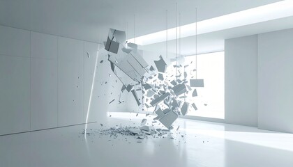 A suspended rectangular object shatters into pieces inside a minimalist allwhite room frozen in a moment of explosion