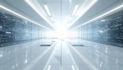 A symmetrical futuristic hallway with a bright vanishing point Glass walls display glowing data over a reflective white floor