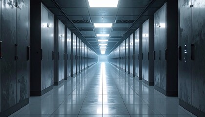 A symmetrical view down a long brightly lit corridor lined with rows of dark server racks in a data center