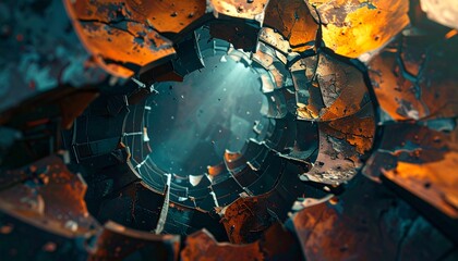 A view down a fractured cylindrical tunnel Rusty orange fragments frame a dark broken interior Light illuminates floating debris