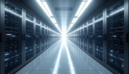 A view down a long brightly lit data center aisle Rows of server racks with blinking lights line both sides The polished floor reflects the overhead lights leading to a bright endpoint