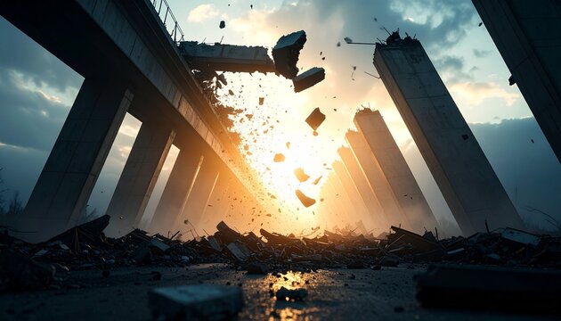 A lowangle view shows a concrete overpass collapsing at sunrise with debris and dust exploding against a bright cloudy sky
