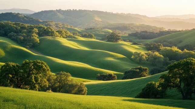 Rolling green hills at sunset, pastoral landscape, nature background, idyllic scene