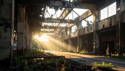 Sunbeams stream through a window in a large derelict industrial building illuminating overgrown plants on the floor