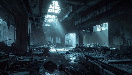 The ruined interior of a large building filled with rubble and debris Pools of water reflect the scene as light beams stream through a damaged ceiling