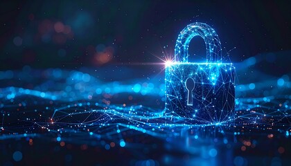 A blue glowing padlock made of a plexus network sits on a digital landscape with bokeh lights and a bright lens flare