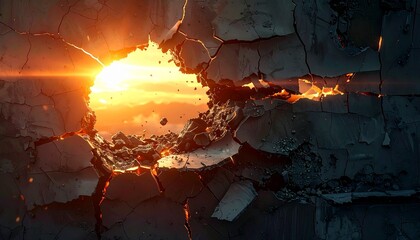 A brilliant goldenorange light shines through a hole in a dark shattered wall with debris and glowing cracks