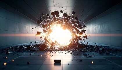 A brilliant circular light bursts in a futuristic hallway shattering dark reflective cubes outward from the center