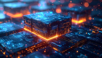 A central cubeshaped microchip glows with blue and orange light on a complex circuit board surrounded by bokeh