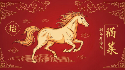 Golden horse runs amidst chinese calligraphy on red background with swirling clouds