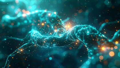 A central twisting structure made of glowing cyan dots and fine threads is surrounded by floating orange and cyan bokeh on a dark background