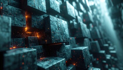 A closeup lowangle view of dark textured cubes with glowing orange light and embers emanating from the spaces between them