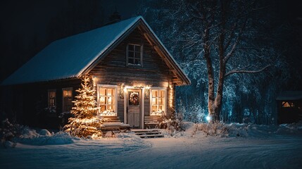 Christmas cabin on a snowy night, snow-covered roof, Christmas tree with fairy lights in front of the door, Christmas wreath on the windowsill, quiet winter scene