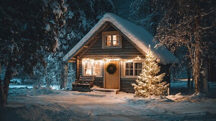 Christmas cabin on a snowy night, snow-covered roof, Christmas tree with fairy lights in front of the door, Christmas wreath on the windowsill, quiet winter scene