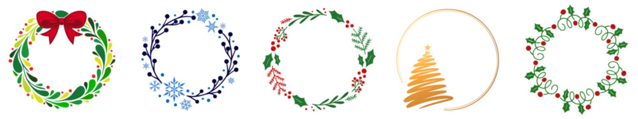 Christmas Round Wreath Frame Set — Circular Holiday Frames with Bow, Holly, Berries, Pine and Snowflakes for Cards and Greetings