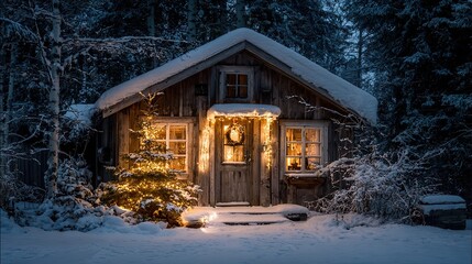 Christmas cabin on a snowy night, snow-covered roof, Christmas tree with fairy lights in front of the door, Christmas wreath on the windowsill, quiet winter scene