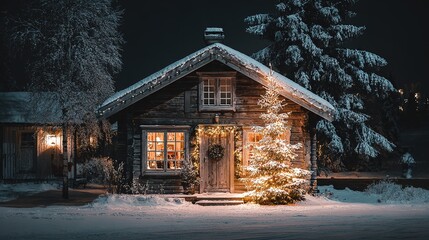 Christmas cabin on a snowy night, snow-covered roof, Christmas tree with fairy lights in front of the door, Christmas wreath on the windowsill, quiet winter scene
