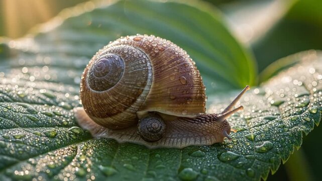 Snail on wet leaf, showing details of shell and texture, in the forest, macro shot. Ideal for nature use