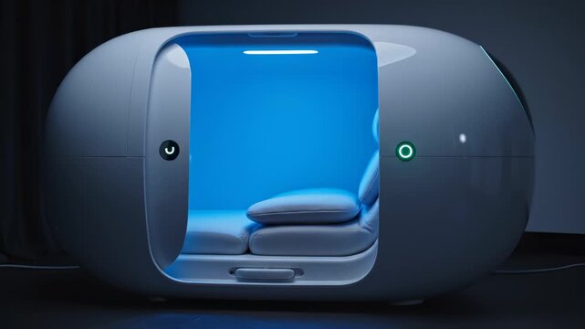 Modern Isolation Tank Pod With Blue Interior Lighting for Sensory Deprivation