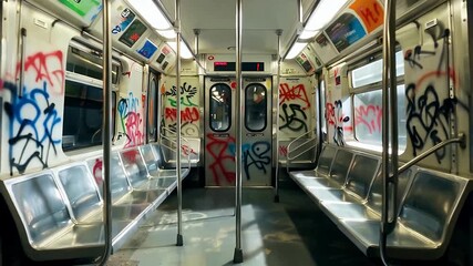 Graffiti covered subway car interior with deserted seating.