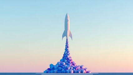 Abstract 3D illustration of a white rocket launching upwards from a base of blue geometric cubes against a soft gradient sky