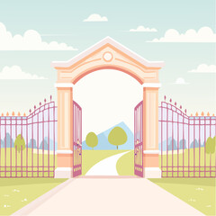 Fototapeta premium Open Ornate Gate with Path Leading to a Peaceful Landscape