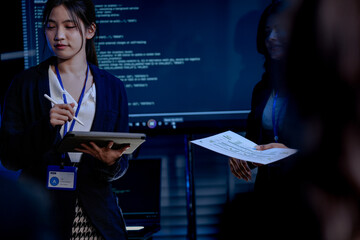 An Indian female developer leads a code review, holding a report. She explains a Python script for an AI or cybersecurity system to her team in a dark SOC Security Operations Center