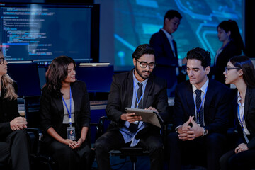 A large IT department meeting in a command center (SOC). An Indian analyst holds a tablet, listening with his team to a cybersecurity update on an AI system.