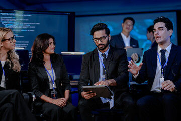 Obraz premium An Indian man with a tablet asks a question during a large team briefing. His diverse colleagues, including Indian and Caucasian women and men, listen in a high-tech conference room.