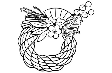 松竹梅のしめ縄（輪飾り）の線画イラスト