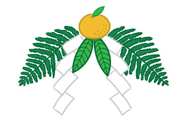 正月飾り（ウラジロ、ダイダイ、紙垂、ゆずり葉）のイラスト（カラー線）