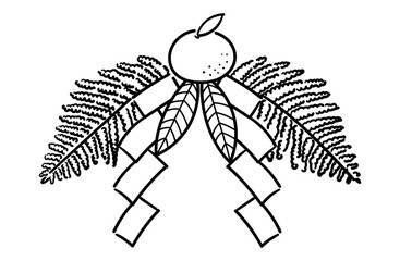正月飾り（ウラジロ、ダイダイ、紙垂、ゆずり葉）の線画イラスト