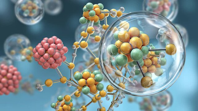 Scientific illustration of colorful molecule structures with atoms connected by chemical bonds inside transparent spheres showing molecular structure and discovery process 3D space for science