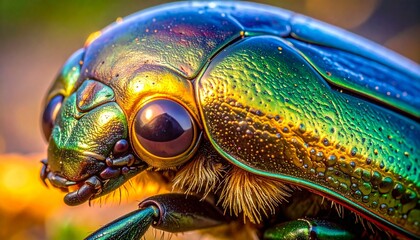 An extreme closeup of an iridescent beetles head highlighting its large dark compound eye and textured multicolored shell