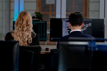 Two professionals tackle complex tasks side-by-side on multi-monitor setups. A back view capturing intense focus in a modern, streamlined digital workspace environment.