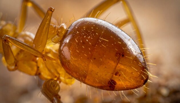 An extreme macro shot of a goldenyellow ant focusing on its translucent bristly abdomen against a softfocus background