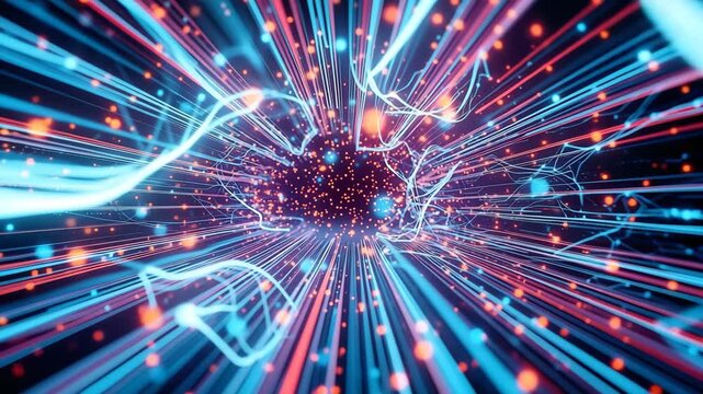 This dynamic background shows a futuristic representation of digital data processing and transfer across a vast, interconnected network, symbolizing big data analytics.
