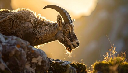 A closeup of an Alpine ibex with large curved horns backlit by a warm golden sunrise on a rocky mountainside