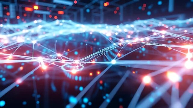 This dynamic background shows a futuristic representation of digital data processing and transfer across a vast, interconnected network, symbolizing big data analytics.