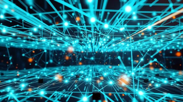 This dynamic background shows a futuristic representation of digital data processing and transfer across a vast, interconnected network, symbolizing big data analytics.