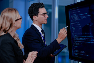 Code breakthrough achieved. Smiling senior developer points to a successful code segment on screen, sharing the solution with his colleague during a late night pair programming session.