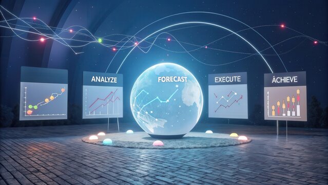 Futuristic Data Analysis Concept with Visualizations and Interactive Globe for Business Decision Making and Forecasting - Powered by Adobe