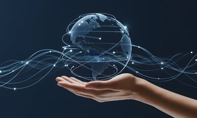 Hand holding a digital globe with connection dots representing worldwide communication.